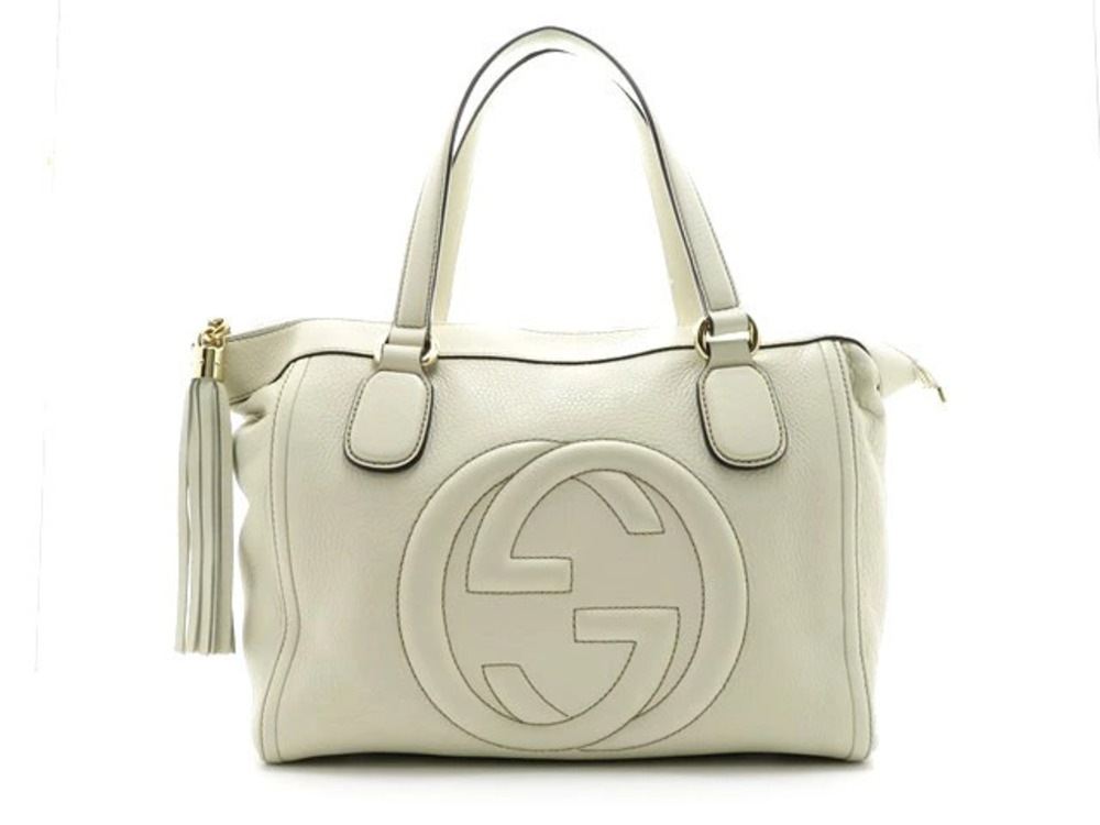 Gucci Tote Bag Handbag Soho Calfskin Ivory White JH